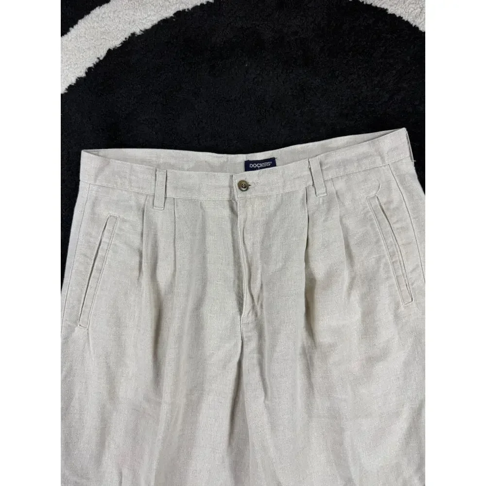 Vintage Dockers Pants Mens 34x29 Linen Blend Cream Casual Beach Cuffed